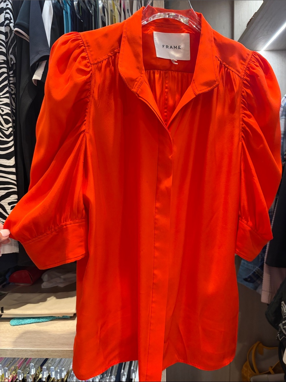 Frame Denim Gilliam Bright Orange Puff-Sleeve Silk Blouse Small